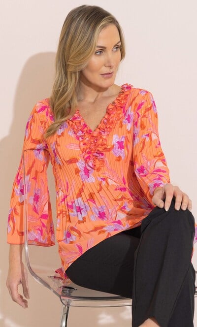 Floral Print Pleated Ruffle Top