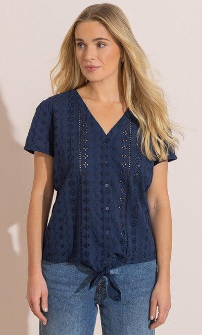 Schiffli Embroidered Tie Front Cotton Shirt