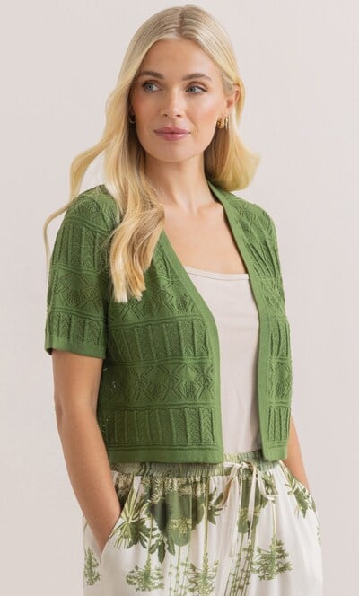 Short Sleeve Cropped Pointelle Cotton Cardigan