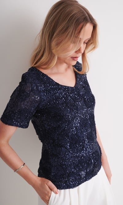 Applique And Sequin Short Sleeve Mesh Top