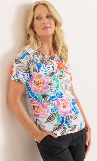 Anna Rose Lace Trim Garden Print Top