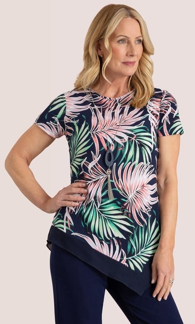 Anna Rose Textured Leaf Print Top With Necklace