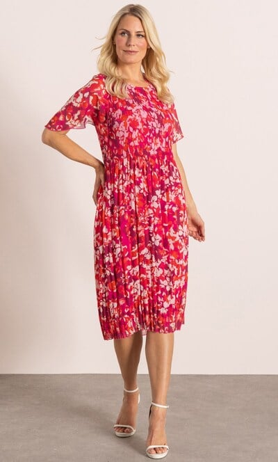 Pleated Floral Print Dress