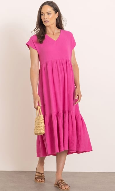 Textured Cotton Short Sleeve Midi Dress