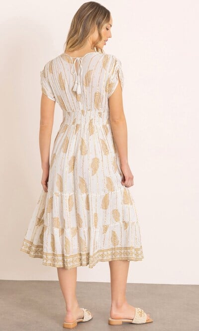Lurex Stripe And Leaf Print Midi Dress