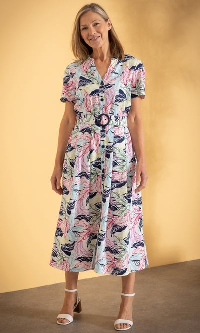 Anna Rose Belted Leaf Print Linen Blend Dress