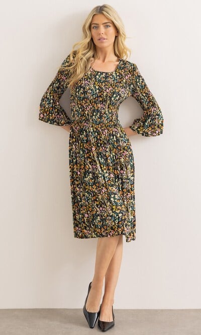 Three Quarter Sleeve Meadow Print Pleated Dress