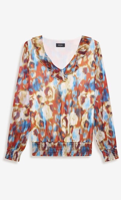 Abstract Print Shirred Hem Blouse