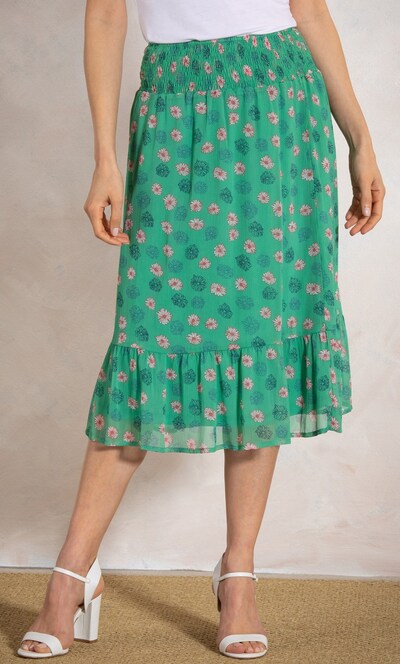 Printed Smocked Waist Midi Skirt