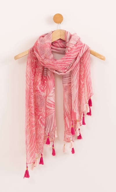 Lightweight Leaf Print Tassel Shimmer Scarf