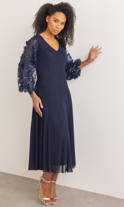 Floral Applique Puff Sleeve Midaxi Mesh Dress