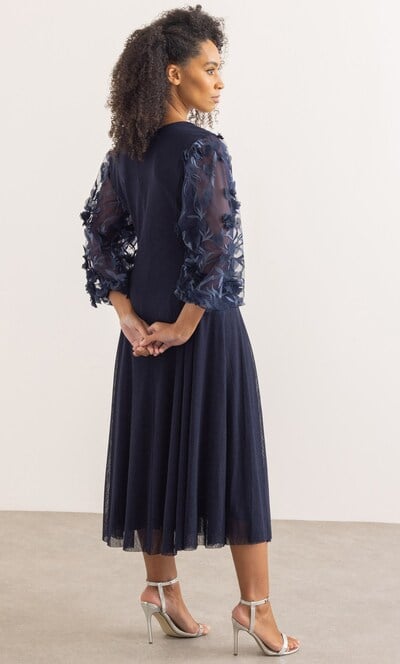 Floral Applique Puff Sleeve Midaxi Mesh Dress