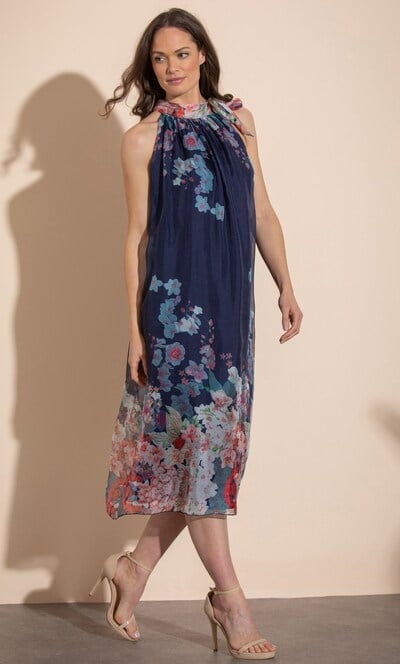 Halter Neck Garden Print Chiffon Dress