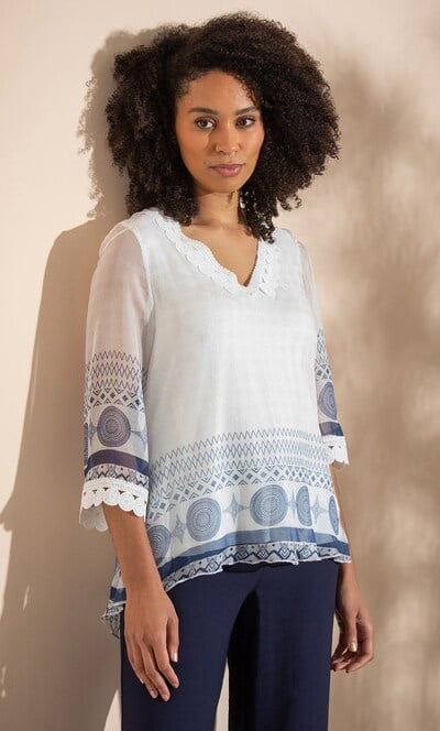 Crochet Trim Printed Chiffon Top