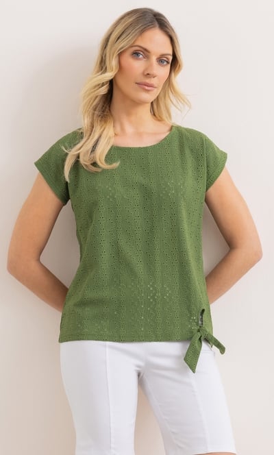 Eyelet Embroidered Tie Front Jersey Top