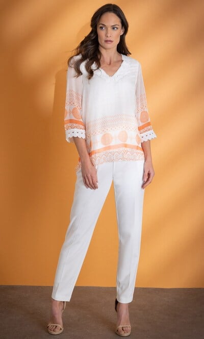 Crochet Trim Printed Chiffon Top