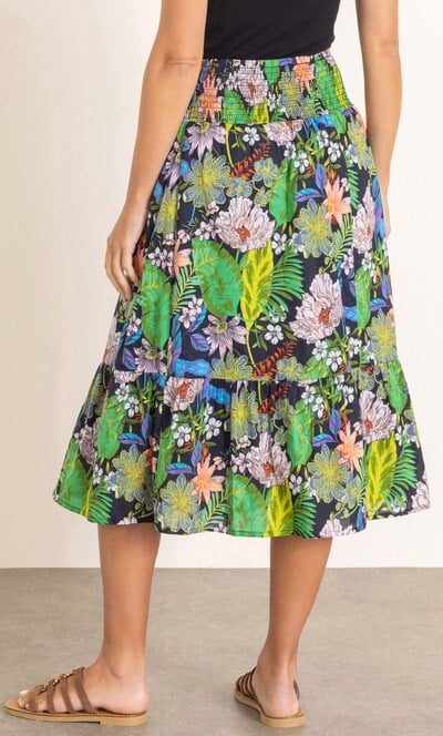 Garden Print Smocked Waist Cotton Skirt