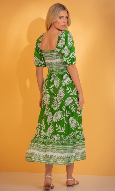 Leaf Print Smocked Body Midaxi Dress
