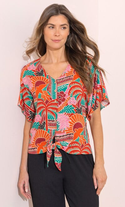 Printed Tie Front Top