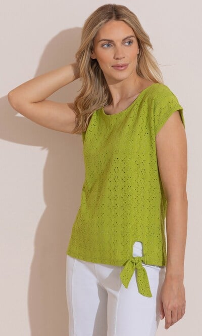 Eyelet Embroidered Tie Front Jersey Top