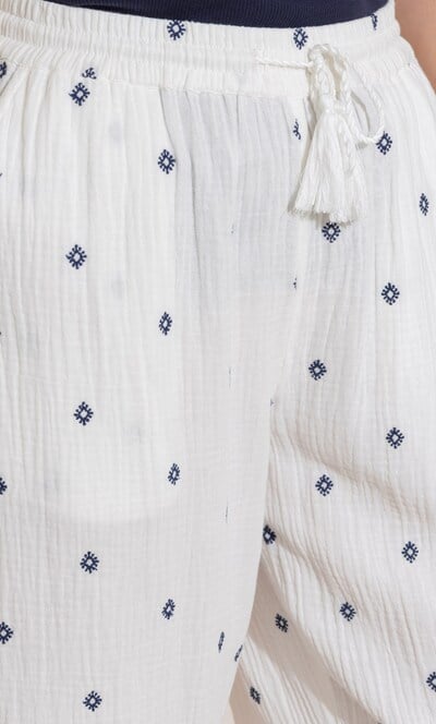 Embroidered Textured Cotton Wide Leg Cropped Trousers