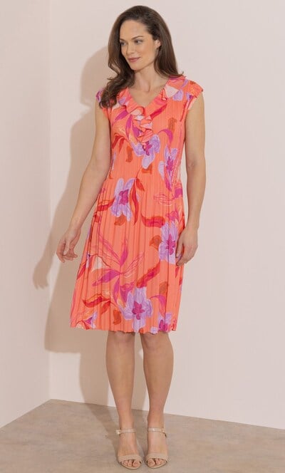 Floral Print Ruffle Neck Pleated Dress