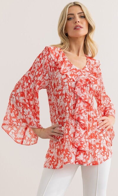 Floral Print Pleated Ruffle Top