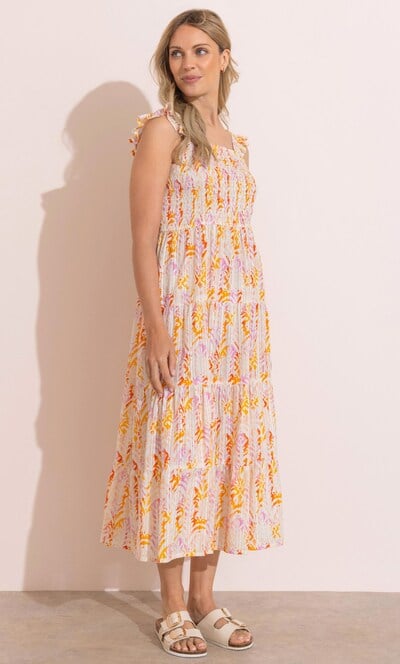 Smocked Printed Midaxi Cotton Dress