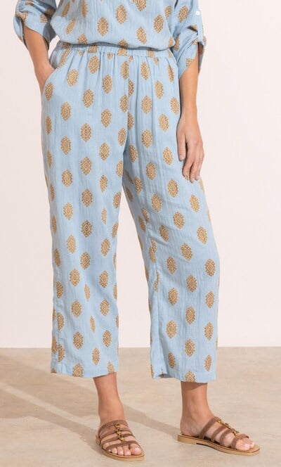 Geometric Embroidered Wide Leg Cropped Cotton Trousers