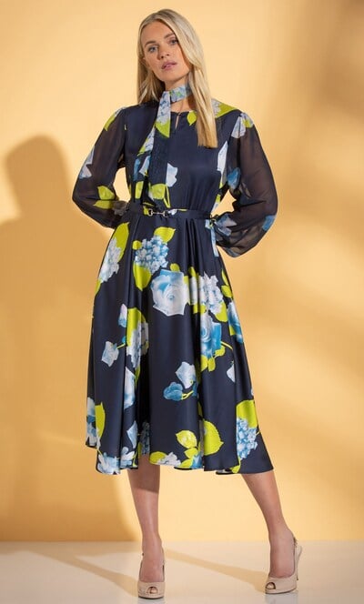 Garden Print Midi Dress With Neck Tie