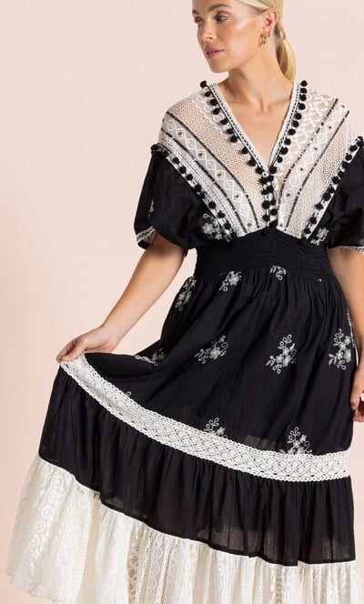 Embroidery And Lace Cotton Maxi Dress