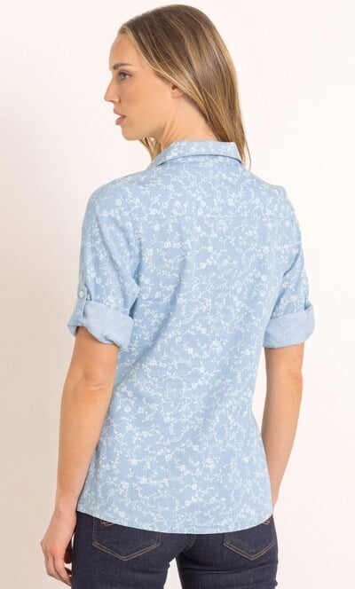 Floral Printed Cotton Denim Blouse
