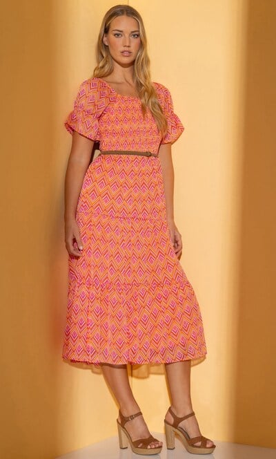 Belted Smocked Geometric Print Midaxi Dress