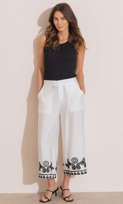 Embroidered Wide Leg Cropped Trousers