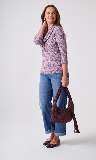 Anna Rose Botanical Leaf Print Cowl Neck Jumper