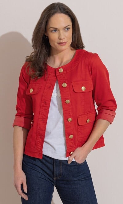 Collarless Cotton Blend Denim Jacket