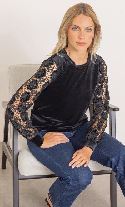 Lace Sleeve Velour Top