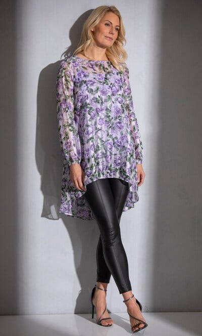 Floral And Stripe Shimmer Dip Hem Georgette Tunic Top