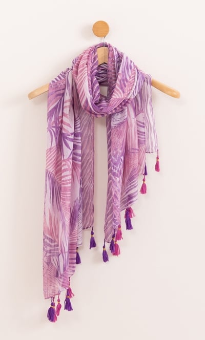Lightweight Leaf Print Tassel Shimmer Scarf