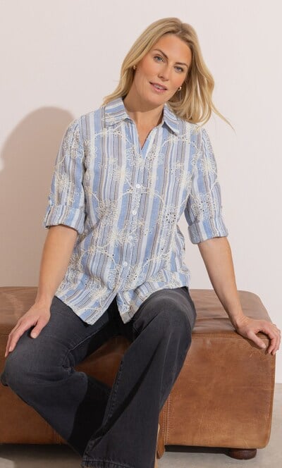 Anna Rose Embroidered Cotton Blend Stripe Blouse