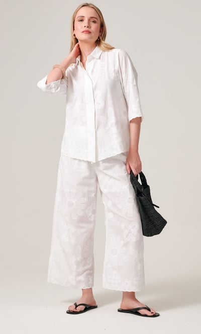 Embroidered Cotton Wide Leg Cropped Trousers
