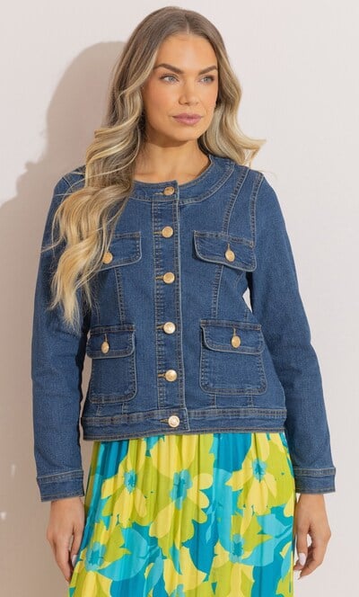 Collarless Washed Denim Jacket