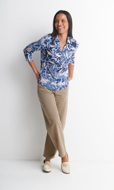 Anna Rose Textured Leaf Print Polo Top