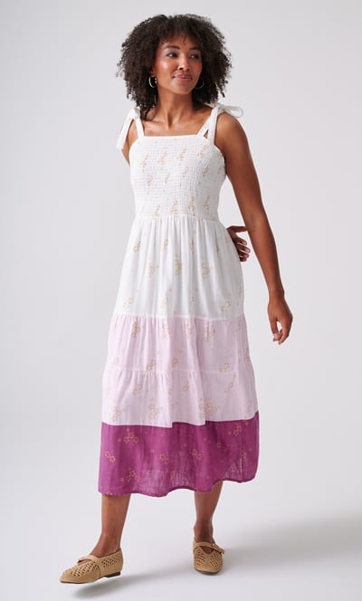 Floral Shimmer Print Smocked Cotton Maxi Dress