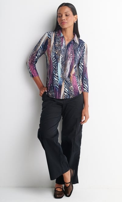 Anna Rose Textured Print Zip Detail Polo Top