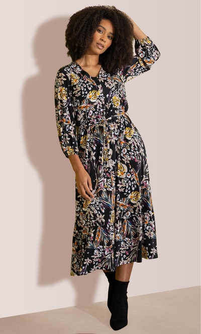 Printed Blouson Sleeve Midi Dress