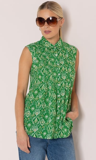 Sleeveless Printed Button Top