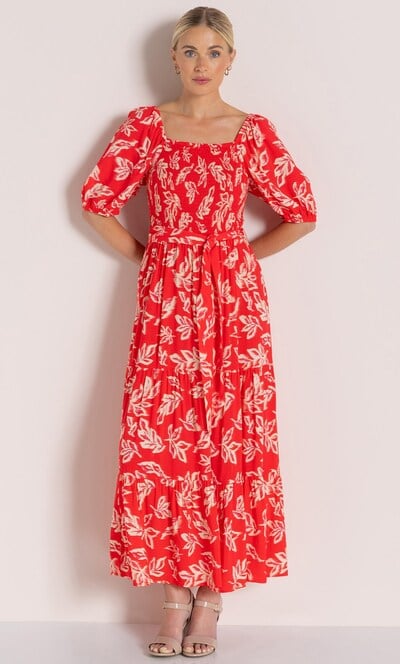 Printed Short Puff Sleeve Maxi Dress