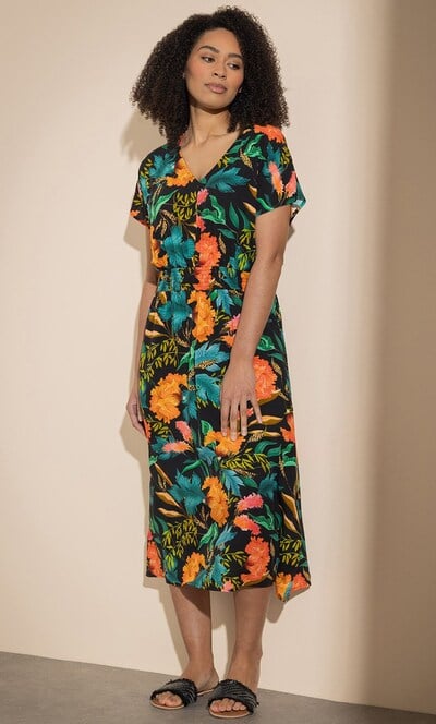 Exotic Floral Print Midi Dress