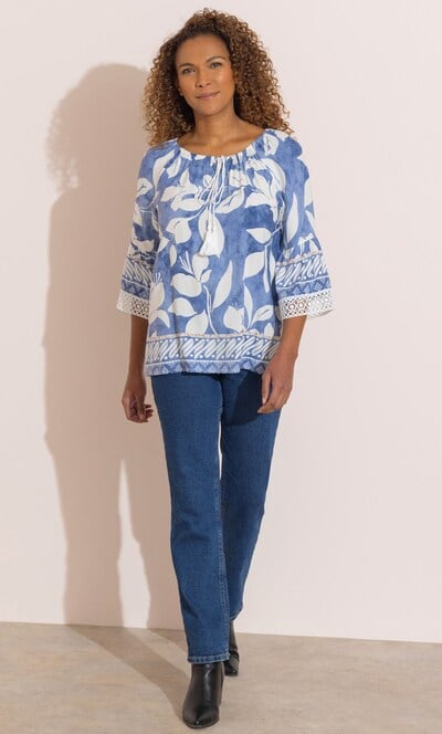 Anna Rose Crochet Trim Printed Top in Blue | Klass